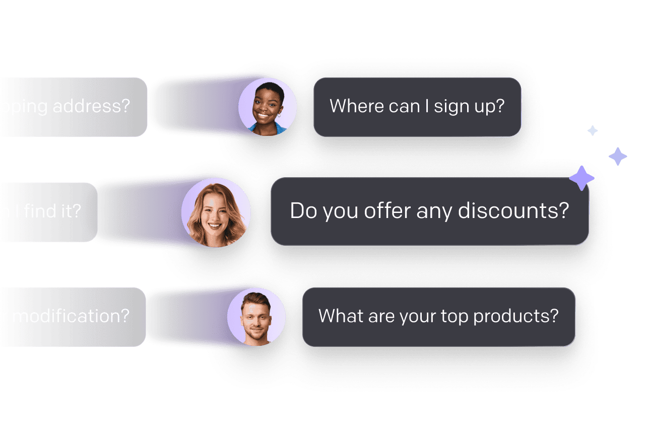 Ecommerce chatbot handling common customer inquiries including sign up questions, discount offers, and product recommendations from online shoppers